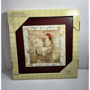 CYPRESS HOME CERAMIC CHICKEN ROOSTER TRIVET WOOD FRAME WALL ART